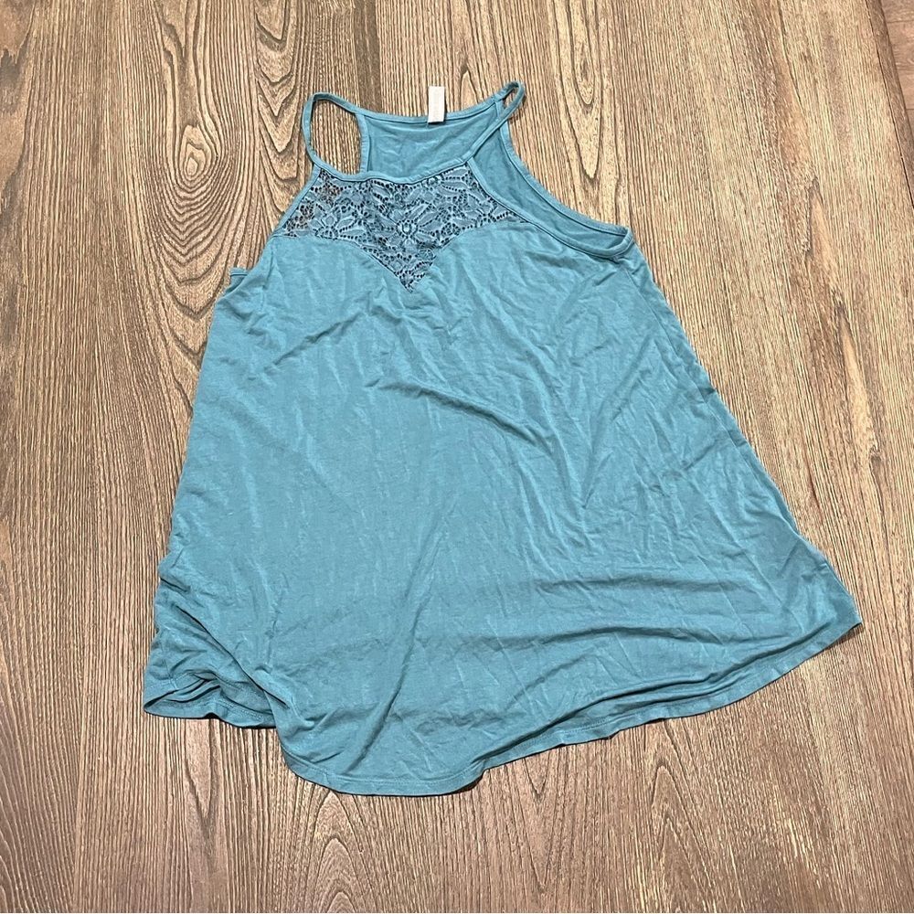 Zenana Signature Halter Tank Top Lace Front Sleeveless Crewneck Blue Size Medium